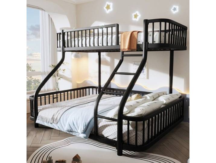 Lit Superposé Métal Noir 90x200/140x200 cm - Lit Triple Solide avec Échelle & Sécurité EN747 - Sans Matelas