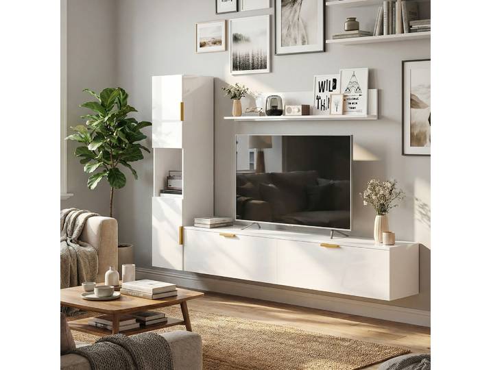 HOMCOM Meuble TV Suspendu 180 cm Blanc Laqué avec Étagères