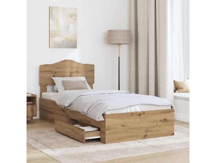 SKTQYQO Bettgestell Eiche Handwerk 100 x 200 cm Technisches Holz, fester Lattenrost, Schubladen, Kopfteil, einfach zu montieren