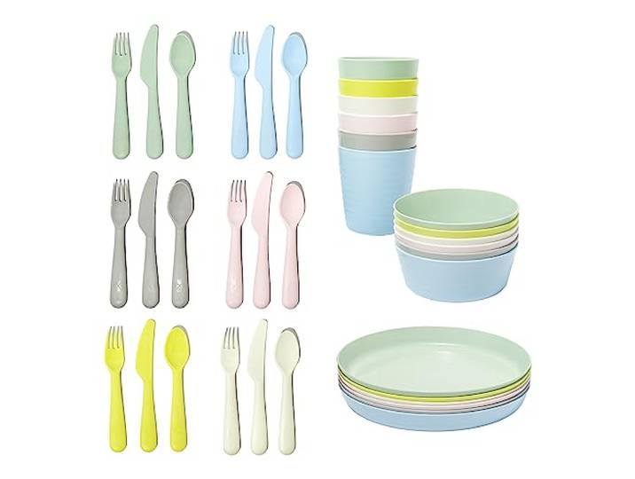 Ikea Kalas Ensemble de vaisselle en plastique sans BPA pour enfants - Bol\, assiette\, tasse et couverts - Couleurs pastel