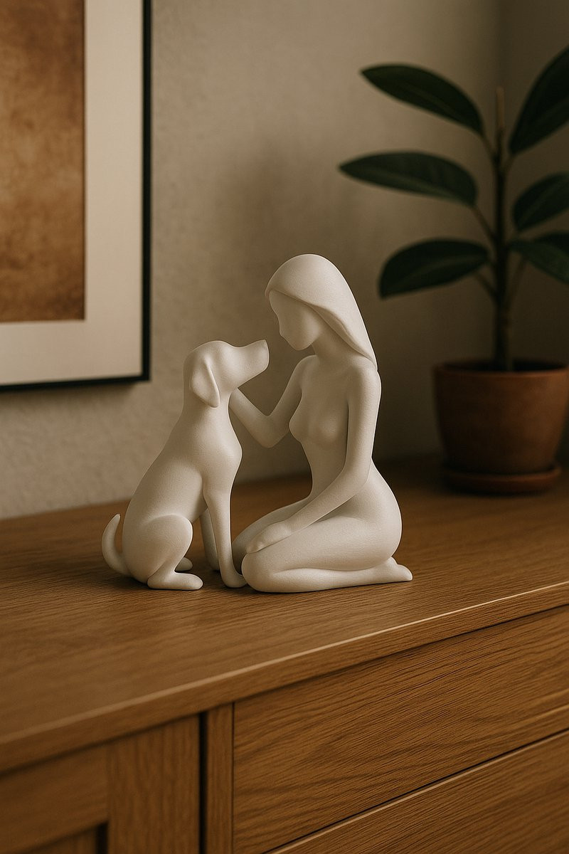 Minimalistisch PLA Beeld Vrouw met Hond - Wit