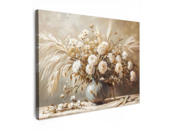 MuchoWow Leinwandbild - Blumen - Vase - Stilleben - Beige - 80x60 - Malerei, Creme, Textil, Kiefer, Abstrakt, Rechteckig, 80x60 cm, gerahmt, Bilder & Rahmen, Bilder, Wandbilder