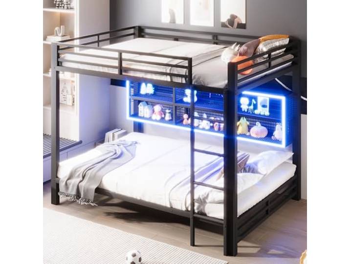 BTM Etagenbett 2 Kinder Jugendbett mit Regal, LED-Licht Doppelstockbett 140 x 200cm Schwarz, ohne Matratze