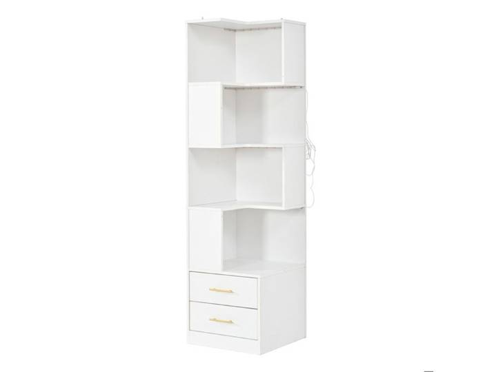 Étagère d'angle blanche LED 4 niveaux avec 2 tiroirs – 45 x 45 x 165 cm