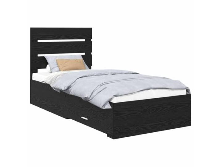 ZQQLVOO Bettrahmen Schwarz Eichen-Optik 90 x 200 cm Holzwerkstoff Stauraumbettgestell, eingebaute Schubladen, silberne Griffe, funktionales Kopfteil, pflegeleicht, modernes Design