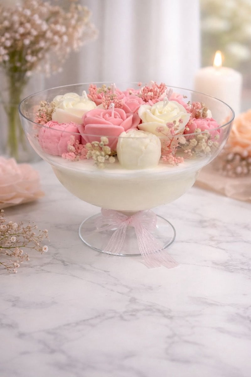 Decoratieve schaal met rozenkaarsen voor romantische tafeldecoratie