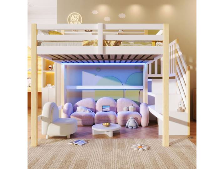 Lit mezzanine LUONIANS 140x200cm avec lumières LED rangement ouvert blanc + naturel