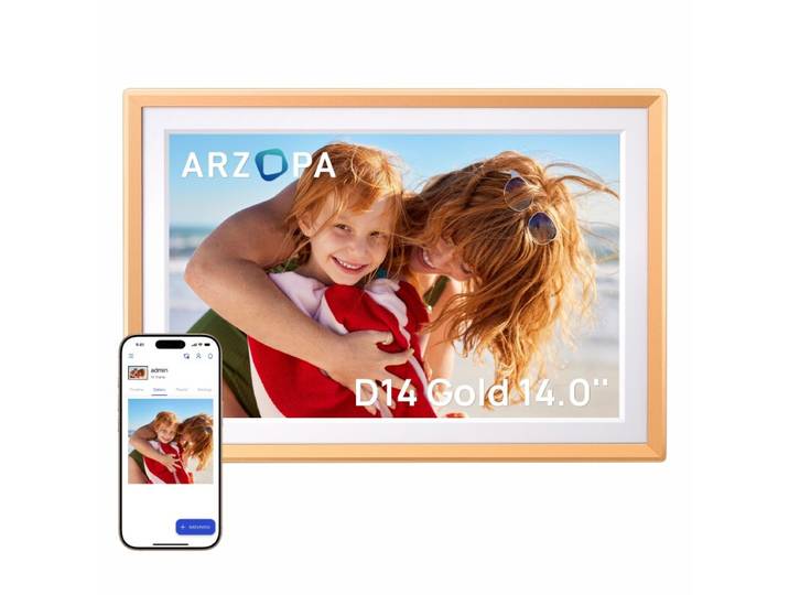 ARZOPA D14 Cadre photo numérique en métal 14 pouces, stockage cloud gratuit, photos et vidéos illimités, partage via application, écran tactile FHD 1920 x 1200, idée cadeau pour la famille