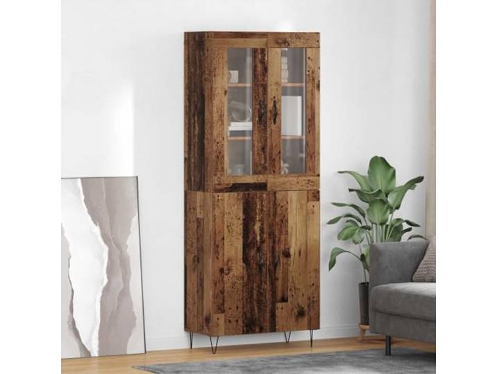 Jkghdrt Highboard Altholz 69,5 x 34 x 90 cm Holzwerkstoff mit Glastüren Holzwerkstoff, Glastüren, Eisenbeine, Metallgriffe, Innenbereich, Wohnzimmer, Esszimmer