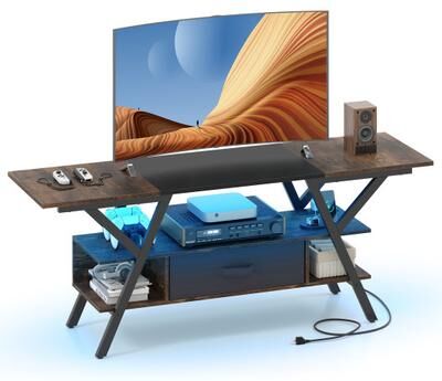 Costway TV Stand for 65 Inch TVs with Power Outlets and LED Lights-Rustic Brown