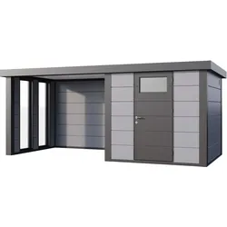 Telluria Metallgerätehaus Classico 2424 mit Lounge Anbau inkl. 2 Fenster lichtgrau Lounge-Anbau links