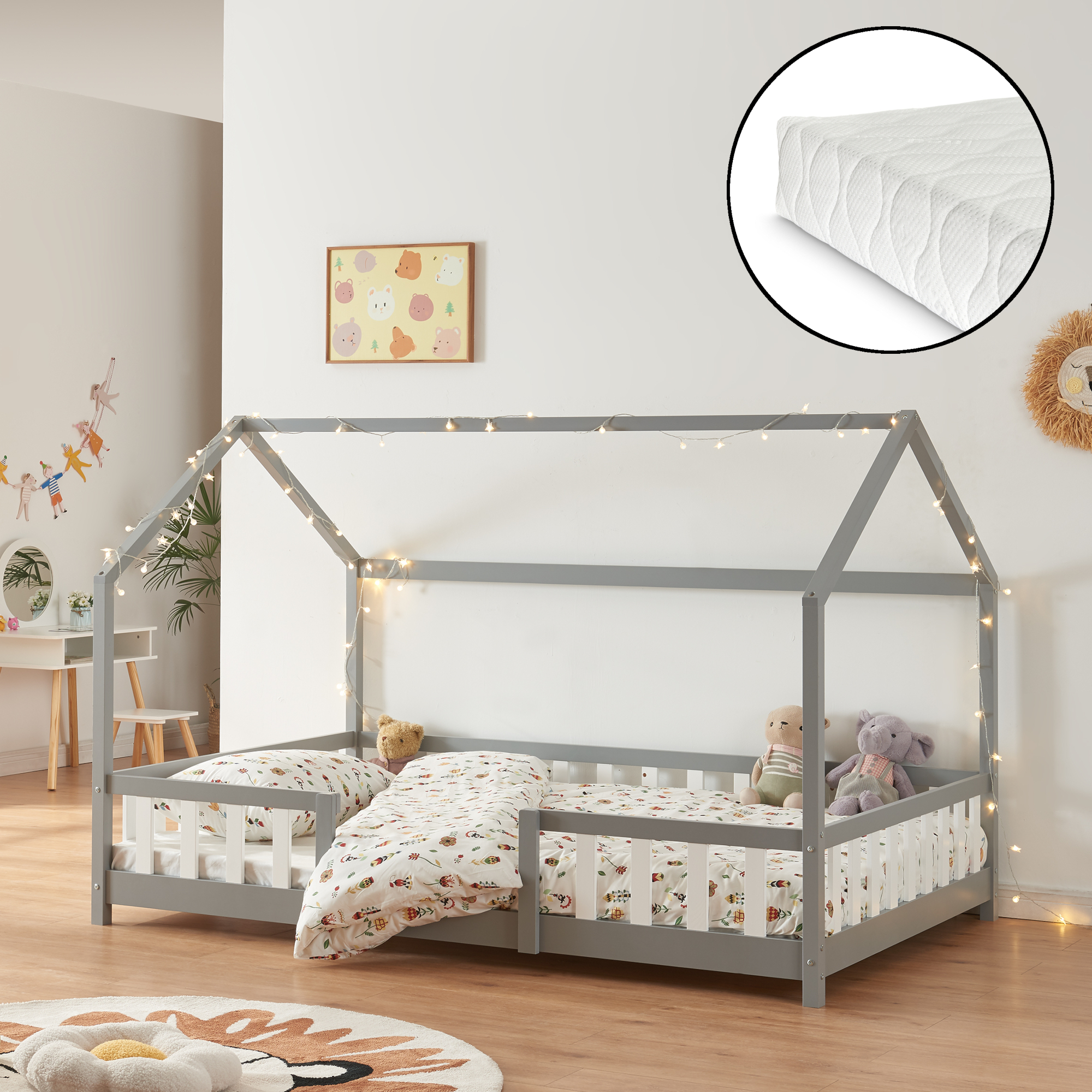 Kinderbett 'Sisimiut' Montessori in Haus-Optik mit Matratze und Rausfallschutz Kiefernholz 120x200 cm Hellgrau/Weiß