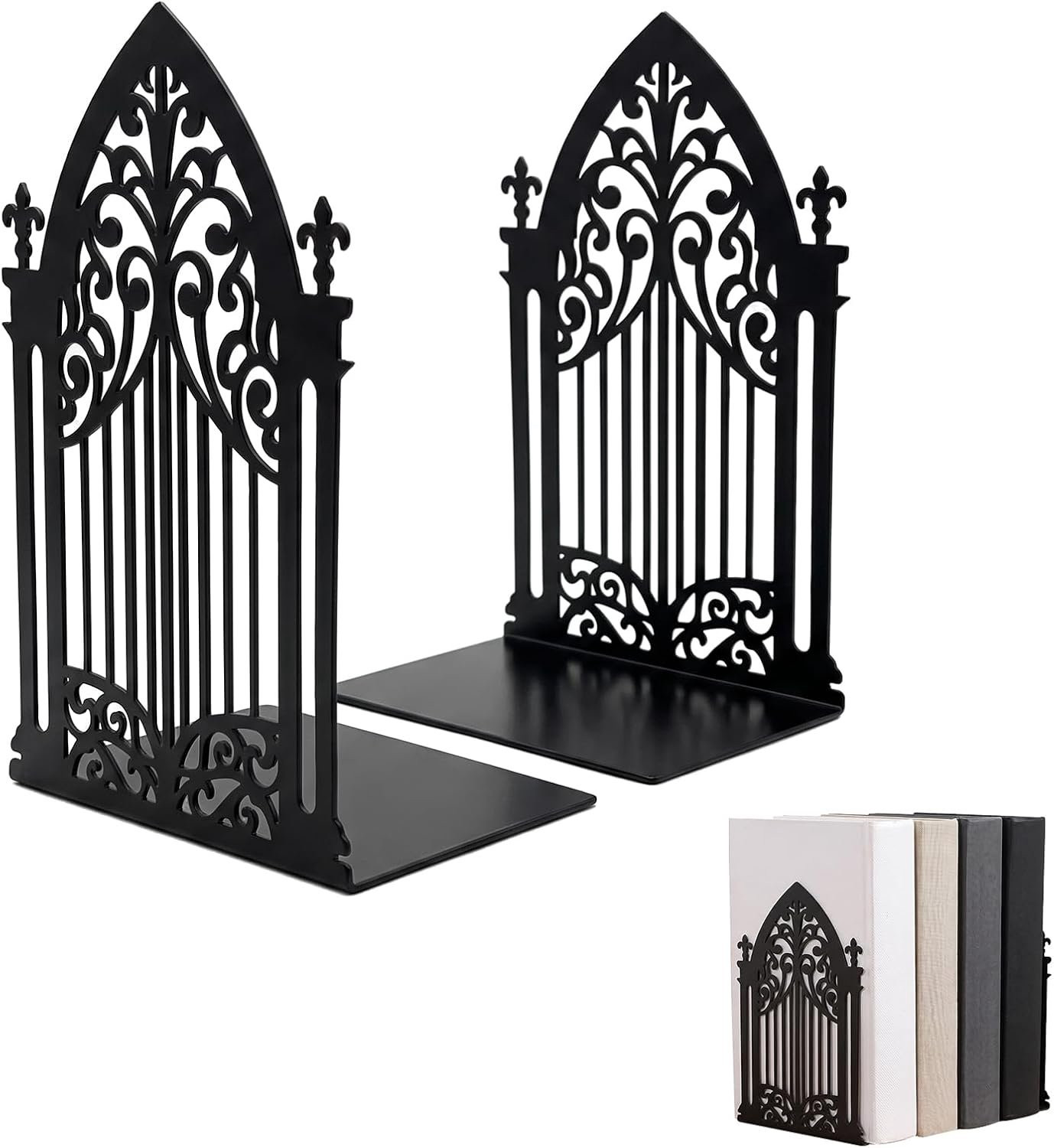 Decoratieve metalen boekensteunen in gothic boog design, zwart, set van 1
