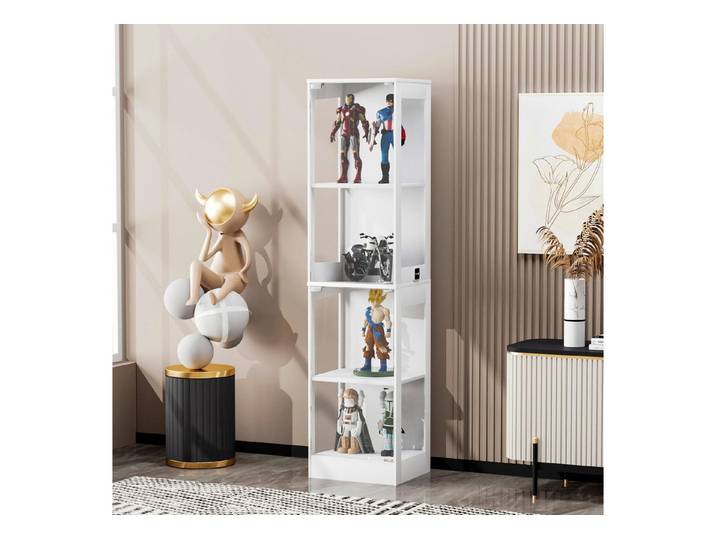 HAUSS SPOLE Vitrine mit LED-Beleuchtung,Glasvitrine Highboard Stauraum & Glastüren,Weiß (Ausstellungsschrank mit intelligente Bewegungssensorsystem, für Wohnzimmer, Schlafzimmer und Büros) sanfter Druck öffnet Glastüren
