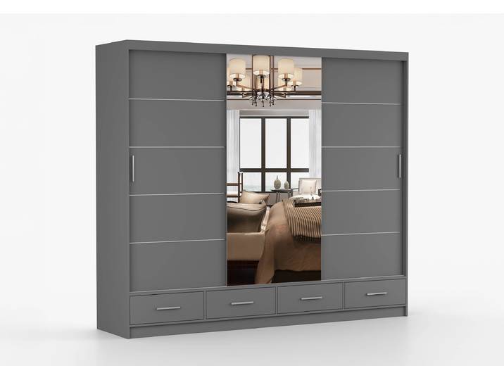Schwebetürenschrank FLORENCE 250 cm Grau Grau + Spiegel