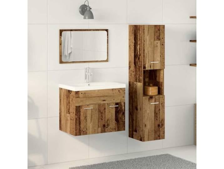 Badezimmermoebel-Set 4 Stk Braun Holzwerkstoff mit Spiegel und Schrank Robuste Holzwerkstoff-Konstruktion, silberne Metallgriffe, flächenbündiger Spiegel, praktische Regale, modernes Design