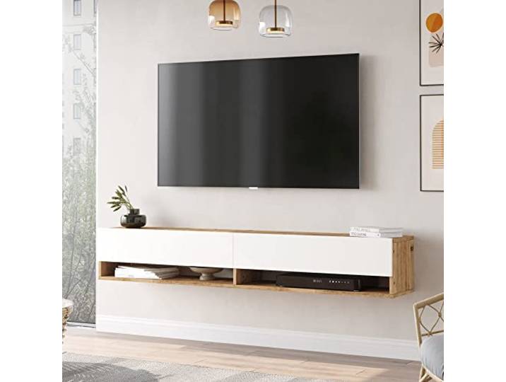 [en.casa] TV Board Laitila TV Schrank mit 2 Ablagen 2 Schranktüren Lowboard Fernsehtisch 180 x 31,5 x 29,5 cm Sideboard hängend Eiche rustikal/Weiß