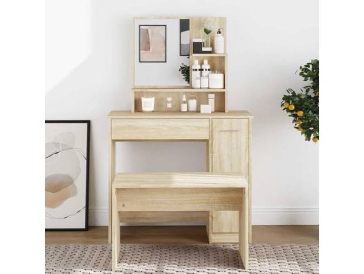 Schminktisch mit Spiegel Sonoma Eiche 86,5x35x136cm Schminktisch, Schublade und Fächer, offene Regale, versteckte Tür, Holzwerkzeug, Wandbefestigung im Lieferumfang enthalten