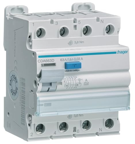 Hager CDA663D FI-stroomonderbreker Type A, 4-polig, 63A, 30mA, 400V
