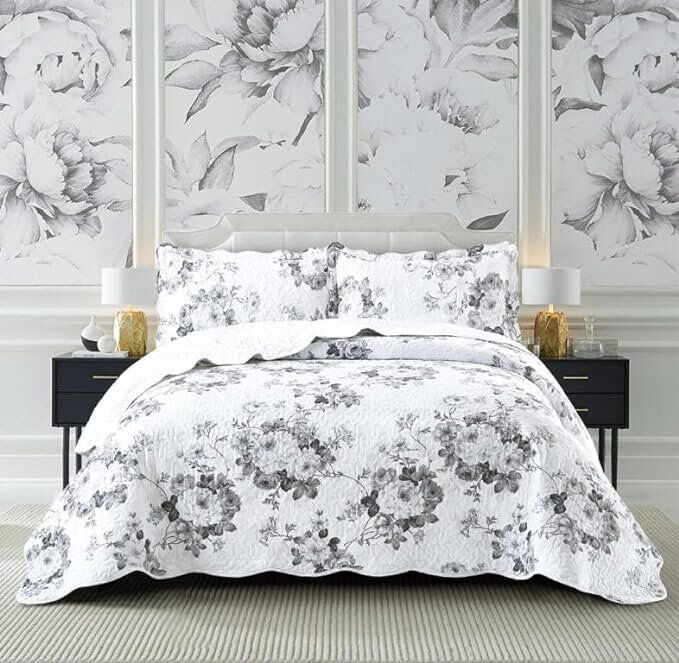 Marlow Home Co. Andrena Bedspread with Pillow Shams Floral/Grey Super King Bedspread + 2 Standard Pillow Shams