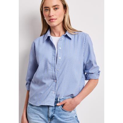 Langarmbluse STREET ONE, Damen, Gr. 42, blau (original blau), Stoff, 65% Polyester, 35% Viskose, gestreift, normal normal, V-Ausschnitt, Bündchen, Blusen, mit gestreiftem Seersucker-Look