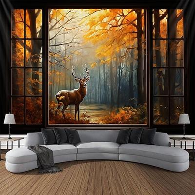 Herbst-Wandteppich zum Aufhängen, Herbst-Ahorn-Nebelwald, Fenster, Elch, Ahornblatt, natürliche Landschaft, Wohnzimmer, Schlafzimmer, Bauernhof, Urlaub, Party-Dekoration Wandtuch XXL Natur