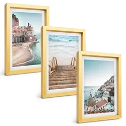 BILDER SET 3er Set - 20x30 cm Goldrahmen - Sommerliche Strandansichten in Pastellfarben