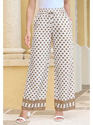 Plus Size Women's Plus Size Linen Wide-Leg Pant by Roaman's in White Coneflower Border (Size 30 W)
