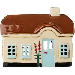 IB Laursen Lichthaus Ebeltoft – Keramikhaus mit hellblauer Tür und Stockrosen, 14,7 x 8 x 12,5 cm