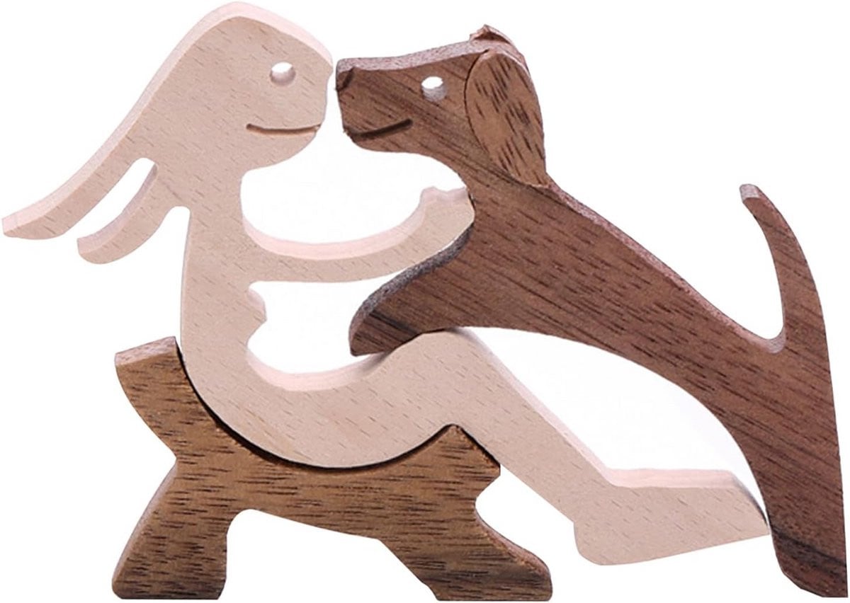 Houten hond beeldje decoratieve dieren sculptuur voor op tafel