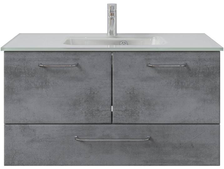 Badmöbel-Set SAPHIR Quickset 945 Glas-Waschtisch mit Unterschrank, 99 cm breit, Waschplatz , grau (oxid dunkelgrau quer), Kastenmöbel-Sets, Badmöbel-Set, 2 Türen, 1 Schublade, inkl. Türdämpfer, Waschtisch Set mit Waschbecken