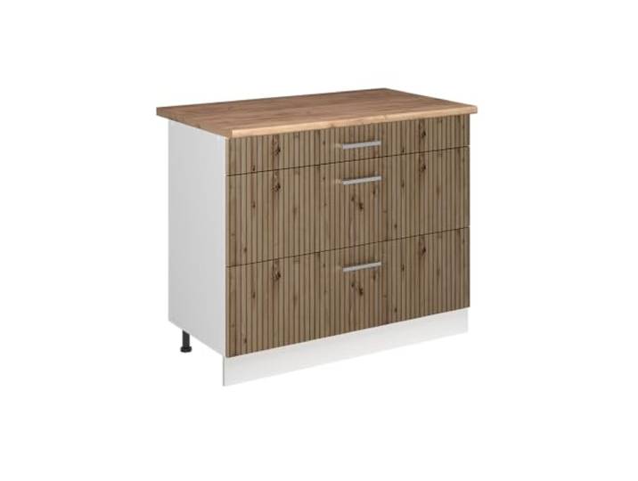 Vicco Küchenunterschrank R-Line, Artisan-Eiche/Weiß 100 cm 3 Schubladen · Arbeitsplatte Eiche · Höhenverst. Füße · Leichter Zugriff · Frei kombinierbar