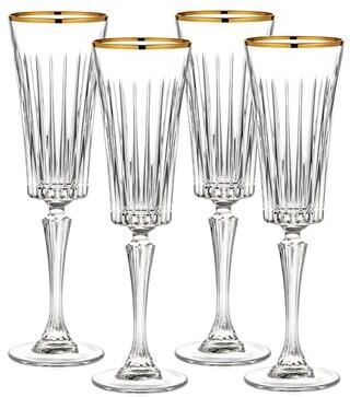 "Lorren Home Trends Timeless Gold Collection Champagne Flutes, Set of 4, 7oz, 9"" Tall, Gold Rim, Made in Italy"