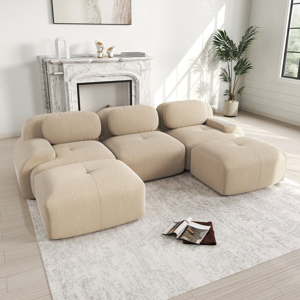 MODFU Modulaire Hoekbank - Minimalistisch Design - Beige Ribstof