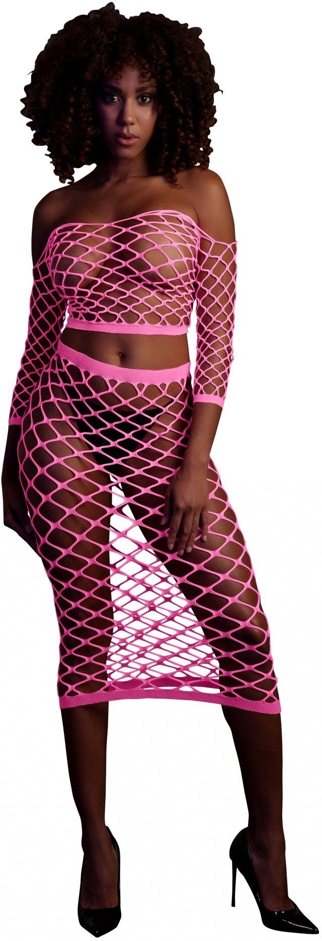 Ouch! Glow in the Dark Long Sleeve Crop Top and Long Skirt - Pink - XS/XL