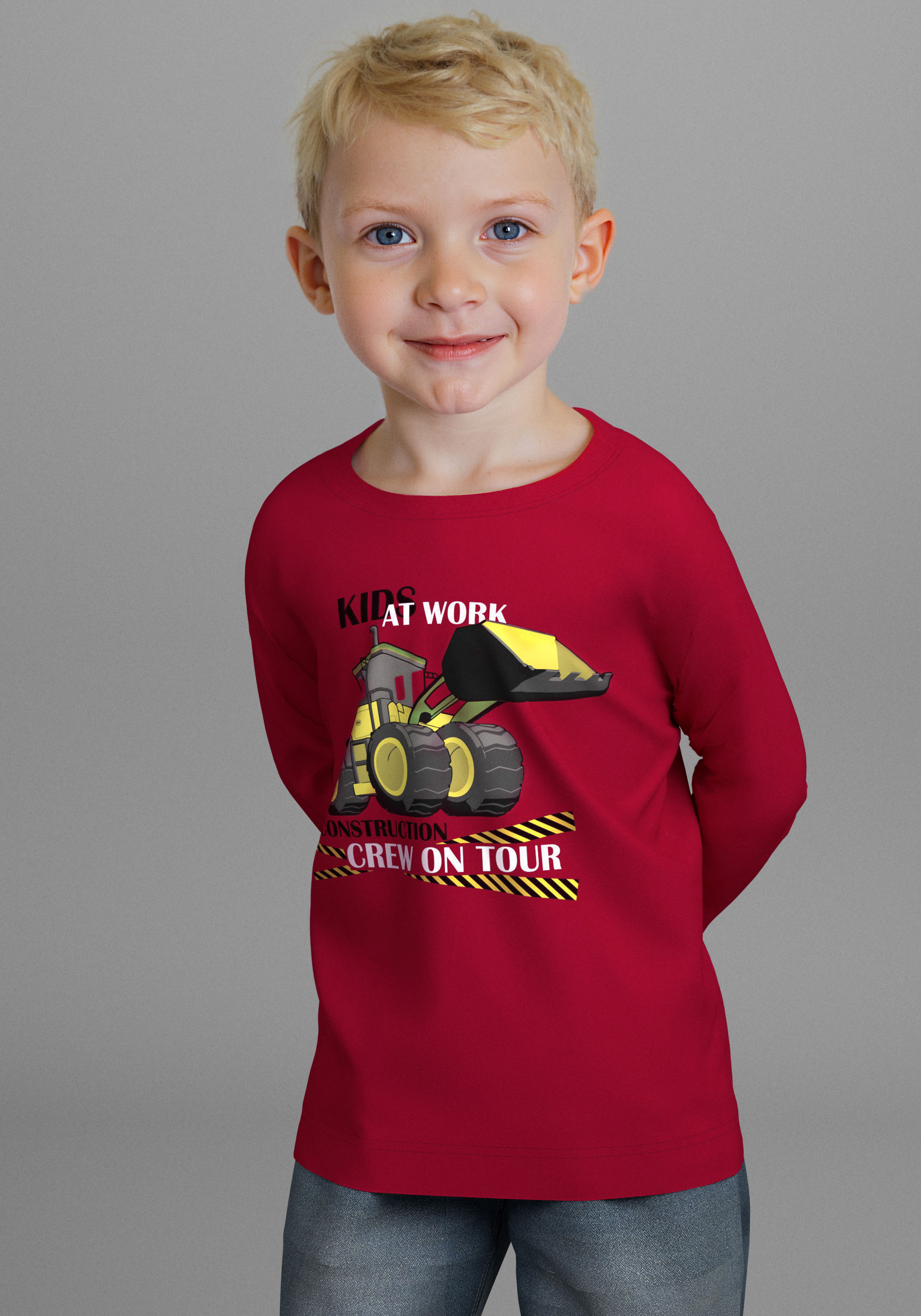 Langarmshirt KIDSWORLD "CONSTRUCTION crew on tour", Jungen, Gr. 92/98, rot, Single Jersey, Obermaterial: 100% Baumwolle, bedruckt, Basic, Rundhals, Shirts Langarmshirt, Cooler Bagger Druck rot 92/98