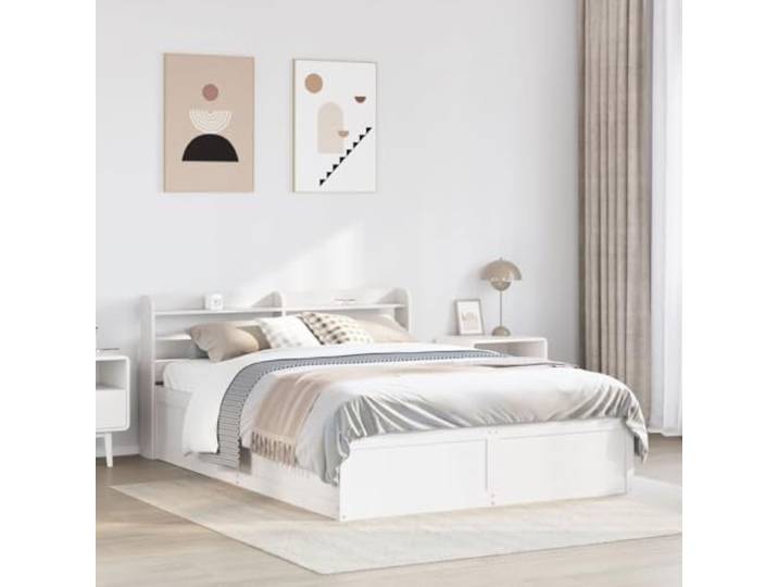 KTHLBRH Bettgestell mit Kopfteil weiß 135 x 190 cm Massivholz Kiefer Lattenrost inklusive, 3 Einlegeböden, selbsttragendes Kopfteil, Montage erforderlich