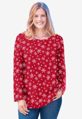 Plus Size Women's Perfect Printed Long-Sleeve Crewneck Tee by Woman Within in Classic Red Snowflakes (Size 1X) Shirt