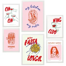 POSTER Set Mit 6 Von Lebensmitteln & Essen Im Pop Art In Rosatönen A3 & A4 Weißer Rahmen