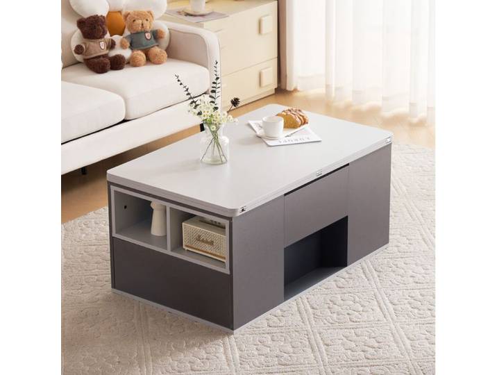 Table Basse Relevable Grise Table Multifonction Moderne FloraGrace Pour Salon Ou Bureau Avec Rangement 100x51x47cm