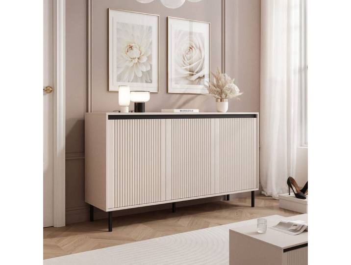 Commode Salon LIRA - avec 3 portes - sur pieds - 149x40x85 cm - Beige