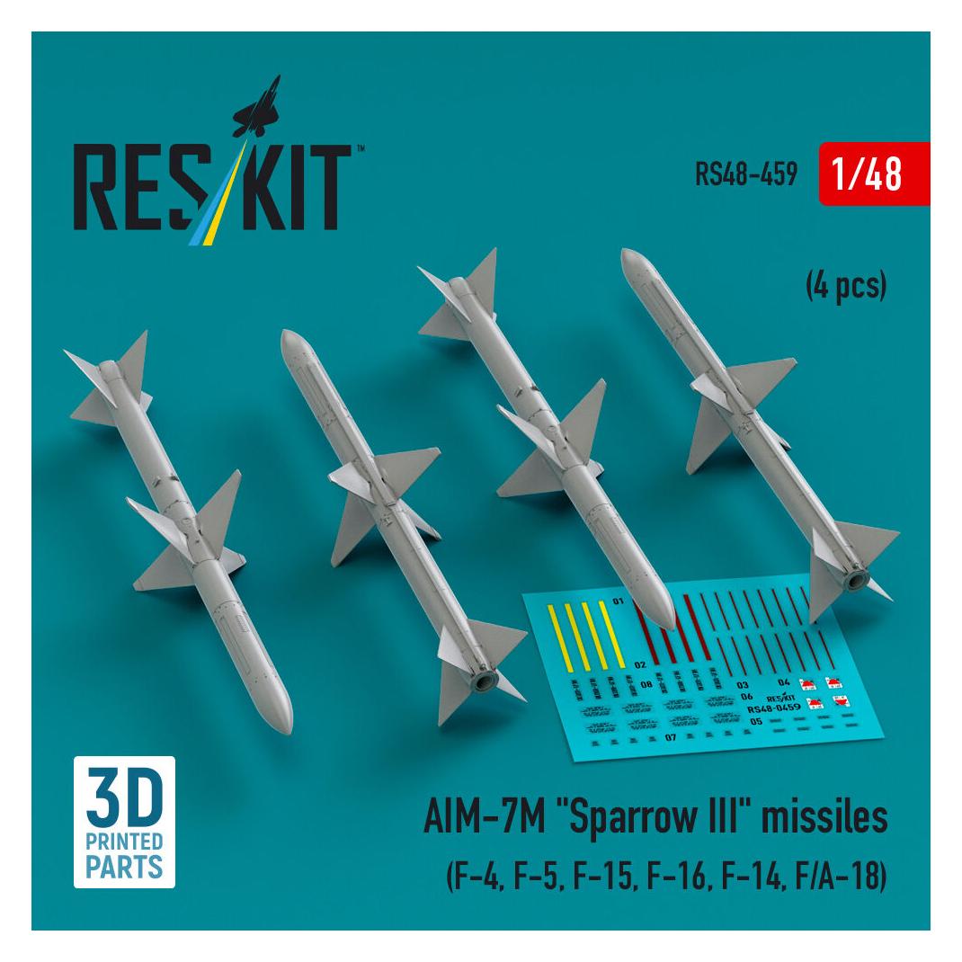 ResKit AIM-7M Sparrow III missiles (4 pcs) (F-4, F-5, F-15, F-16, F-14, F/A-18) (3D Printed) (RS48-0459)