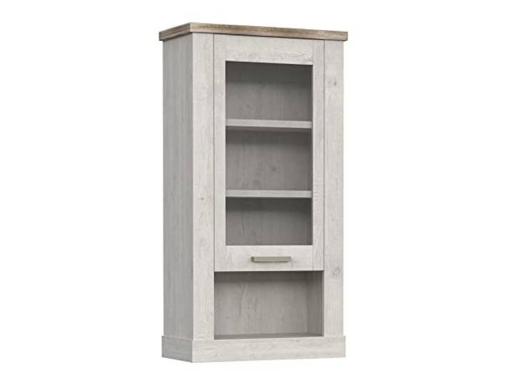 Newroom Hängeschrank Pinie Weiß mit Glastür Vitrine Wandschrank Wohnzimmer Einlegeböden und offenes Fach, Bügelgriff, Mehrzweckschrank, Schrank Holz, Landhaus rustikal, für Esszimmer und Flur