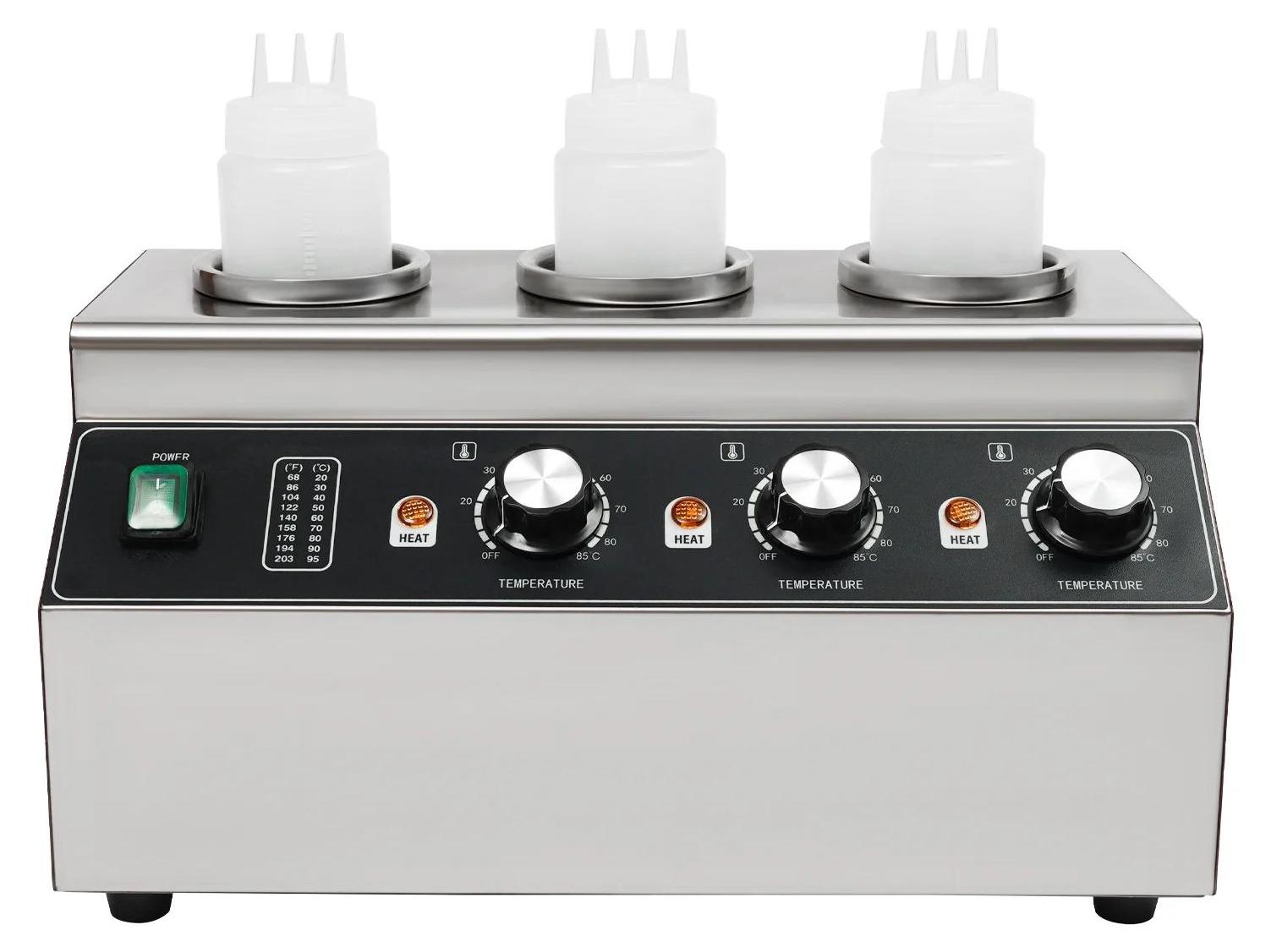 Professioneller Soßenwärmer - Elektrischer Käse- und Saucenspender - 300 W - 3 Flaschen 680 ml - Temperatur einstellbar 30-85 °C - Auftischgerät Edelstahl - Silber