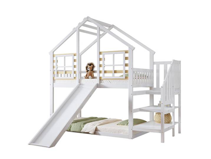 Okwish Etagenbett 90/200 cm Weiß Blockhaus mit Rutsche und Gitter aus Massivholz, 90x200 cm, Babymöbel & Kindermöbel, Kinderzimmer & Jugendzimmer, Stockbetten