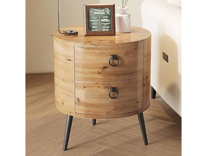 OPULENTHOME Beistelltisch aus Holz, Sofatisch, rund, mit 2 Schubladen, Nachttisch, modernes Design mit dreieckigen Metallbeinen, Nachttisch für Wohnzimmer, Schlafzimmer (47 x 47 x 55 cm, Natur)