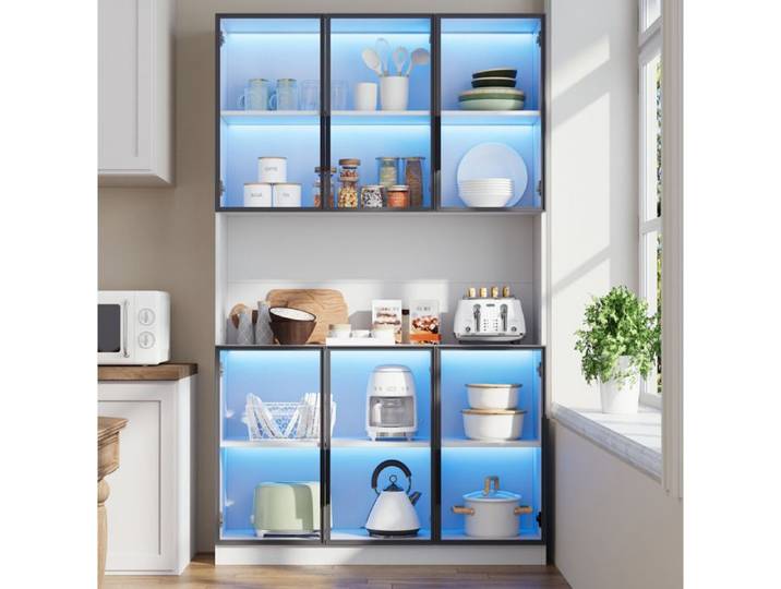 Vitrine 120x34x200 cm 6 portes buffet de cuisine avec LED réglable par application portes en verre fermeture douce MDF blanc