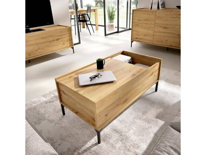 Dmora - Cuna-Couchtisch, Wohnzimmer-Zeitungsständer mit Ablagefach, niedriger hochklappbarer Couchtisch, 99 x 60 x 41 cm, Nodi-Eiche
