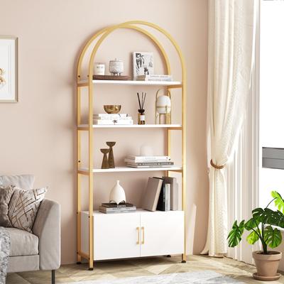 Garvee Arched Bookshelf with Doors, 4-Tier Tall Metal Frame Bookcase, Modern Accent Display Shelf
