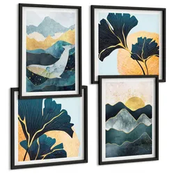 BILDER SET 4er Set - 50x50 cm & 40x60 cm Schwarzer Rahmen - Abstrakte ästhetische Berge